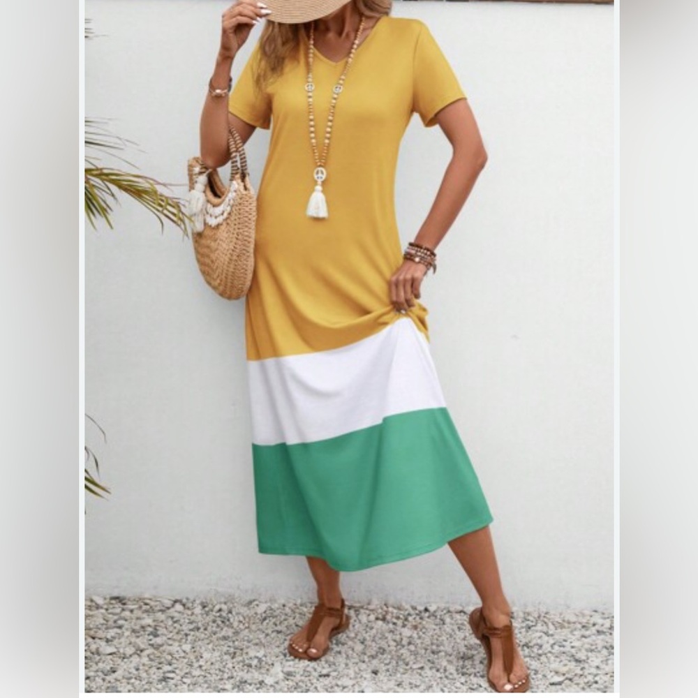 Misslook Maxi Dress L Mustard White‎ colorblock
